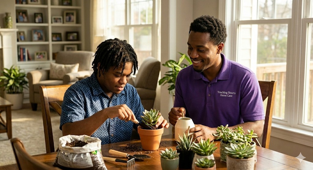 Touching Hearts caregiver and client potting succulents together at home