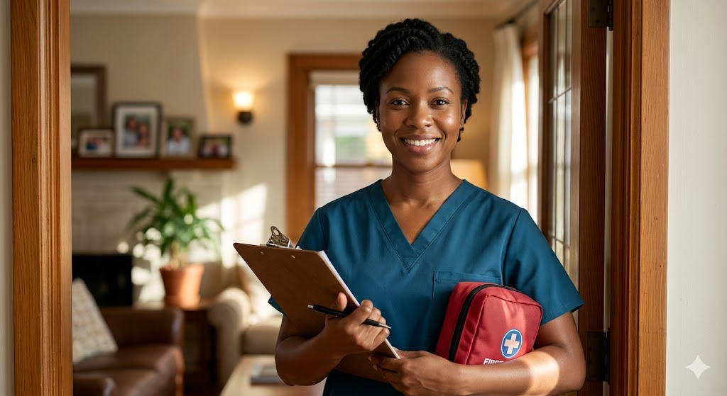 Touching Hearts caregiver in scrubs with clipboard and first-aid kit, standing in a client's home