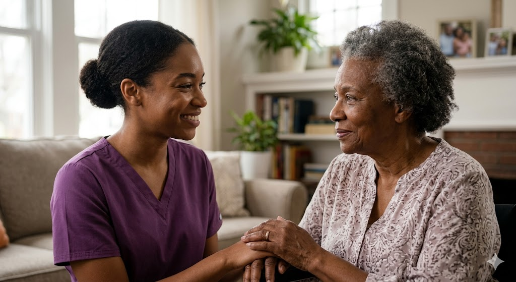 Touching Hearts caregiver holding hands with a client and sharing a warm moment at home